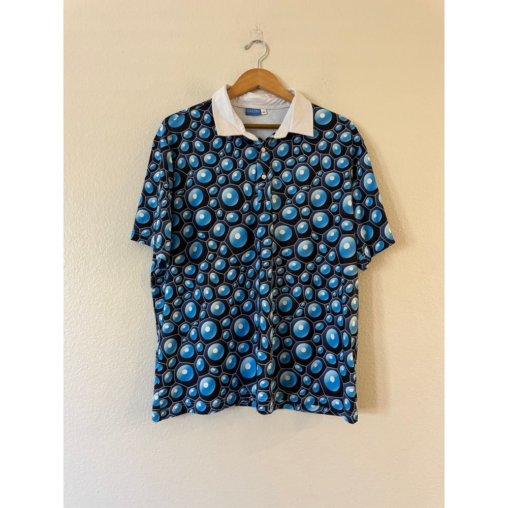 Hreski Golf Polo Shirt 3D Bubble Geometric Print XL Blue Black White Excellent